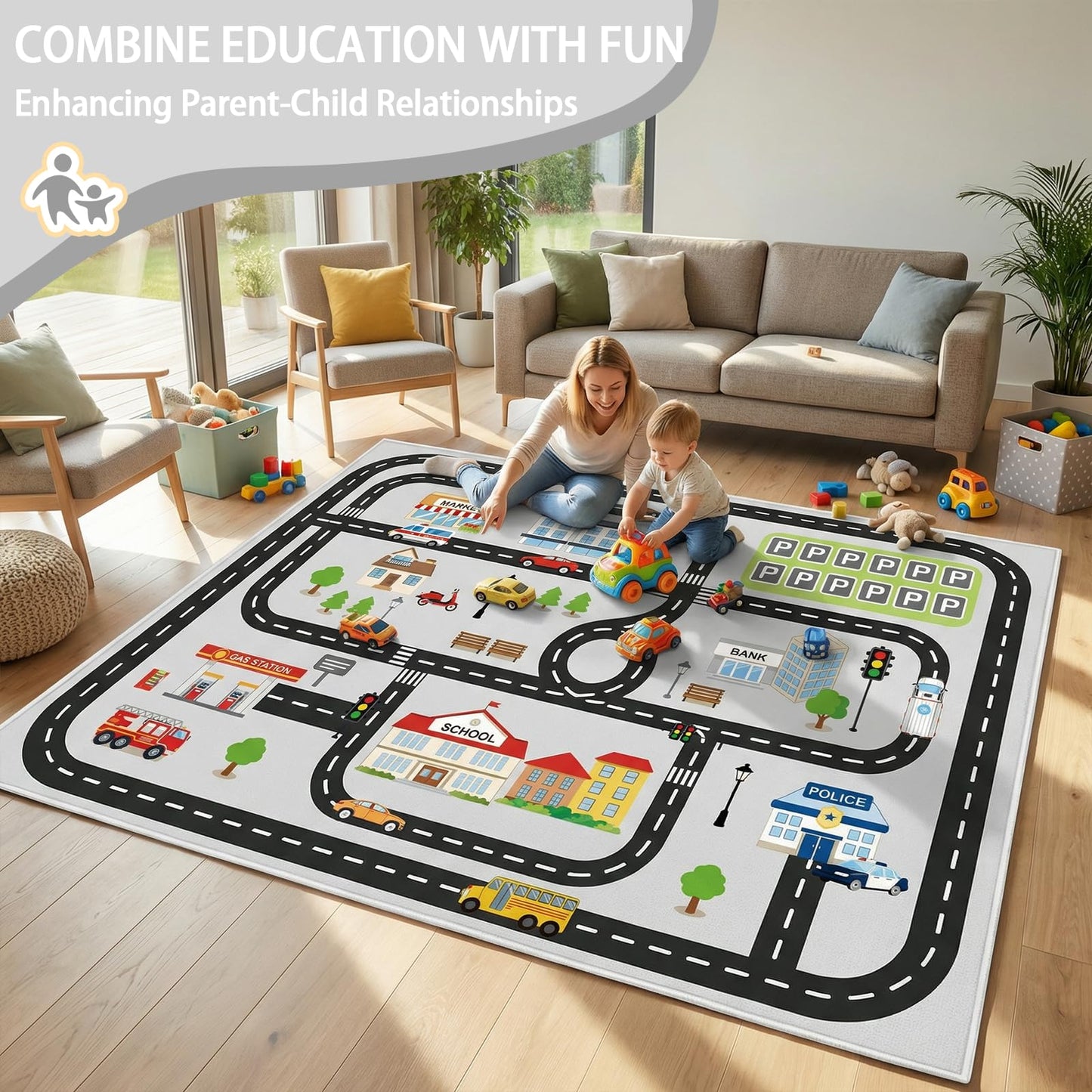 5'x7' Car Rug Play Mat for Kids Toy Cars, Faux Wool Road Rug Car Track Playmat Educational City Map Washable Carpet for Boy Playroom Bedroom Nursery, Non Slip Kids Area Rug for Children Toddler