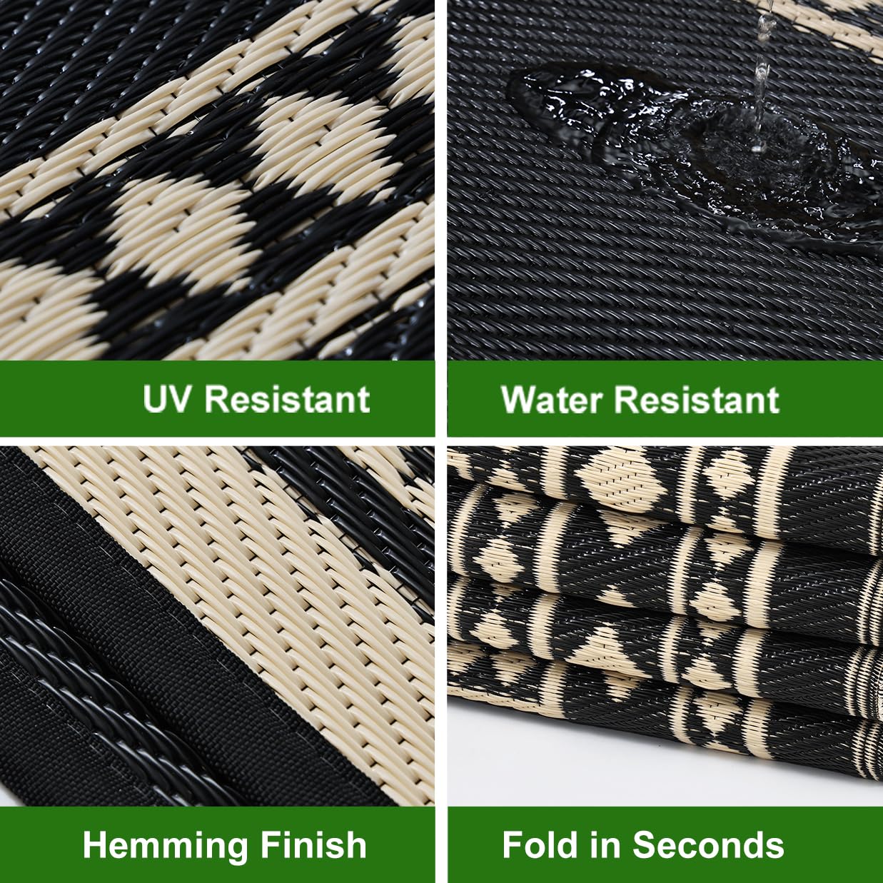 RURALITY Outdoor Rugs 6x9 Waterproof for Patios Clearance,Plastic Straw Mats for Backyard,Porch,Deck,Balcony,Black and Beige