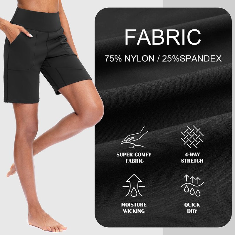 SANTINY Bermuda Shorts for Women with Zipper Pocket Womens High Waisted Long Shorts for Running Workout Athletic(Black_XL)