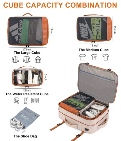 Carry on Travel Backpacks, Extra Large 40L Flight Approved Bag for Men & Women,Expandable Suitcase Backpack With 4 Packing Cubes,Water Resistant Luggage Daypack Business Weekender Bag,Beige