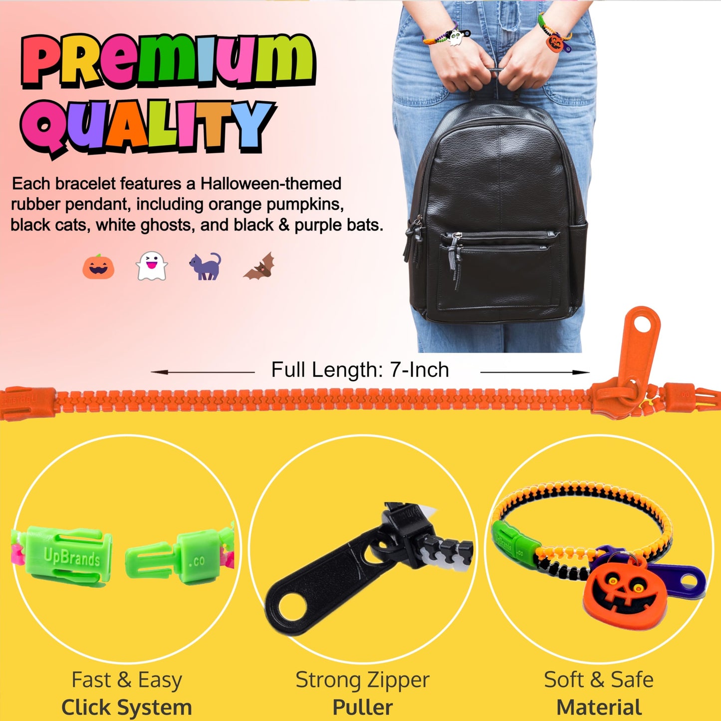 UpBrands 24-Pack Halloween Bracelets for Kids – Zipper Fidget Toys, Small Goodie Bag Stuffers, Party Favors, Trick-or-Treat Giveaways & Prizes