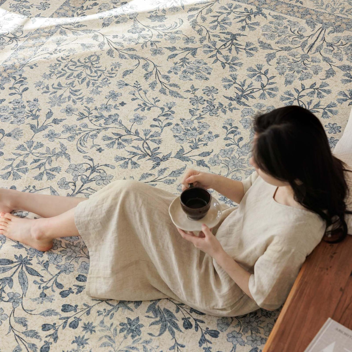 jinchan Zenith Floral 8x10 Area Rug Soft Low-Pile Living Room Rug Machine Washable Non-Slip Vintage Botanical Aesthetic Throw Carpet for Dining Room Bedroom Nursery Blue/Cream
