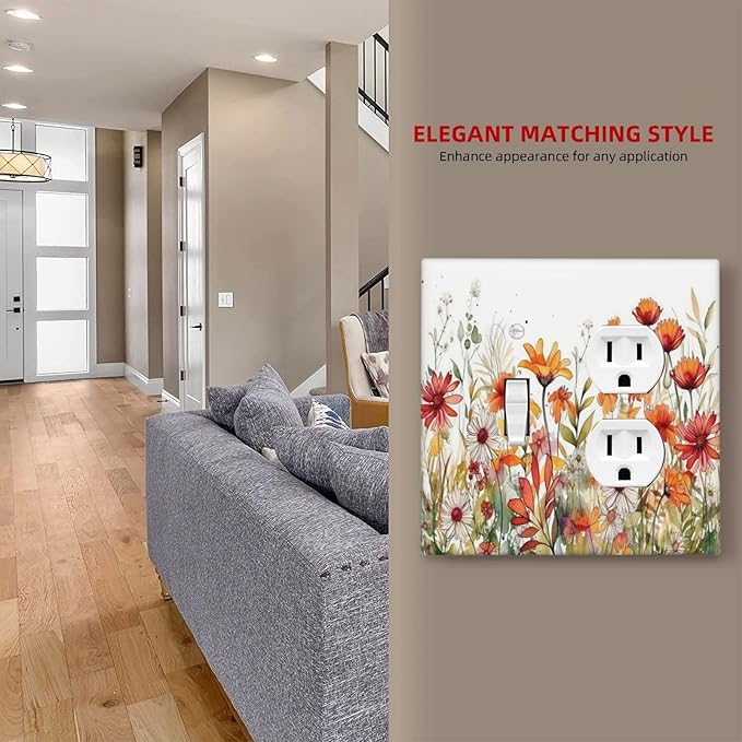 Decorative Light Switch Cover Plate Watercolor Wild Flower Floral 2 Gang Outlet Covers 1 Toggle 1 Duplex Wall Plate Decorate Electrical Switch Plate Covers for Bathroom Home Decor