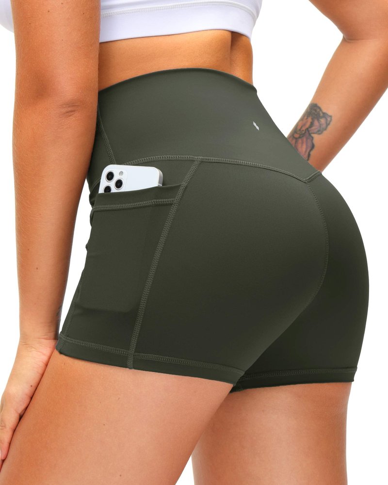 Soothfeel Women's High Waist Yoga Shorts with Side Pockets Tummy Control Running Gym Workout Biker Shorts for Women 3"(Brown, XXL)