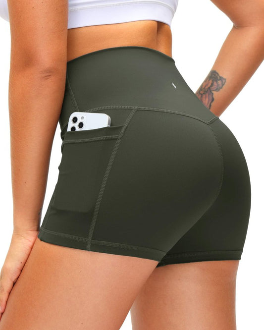 Soothfeel Women's High Waist Yoga Shorts with Side Pockets Tummy Control Running Gym Workout Biker Shorts for Women 3"(Brown, XXL)