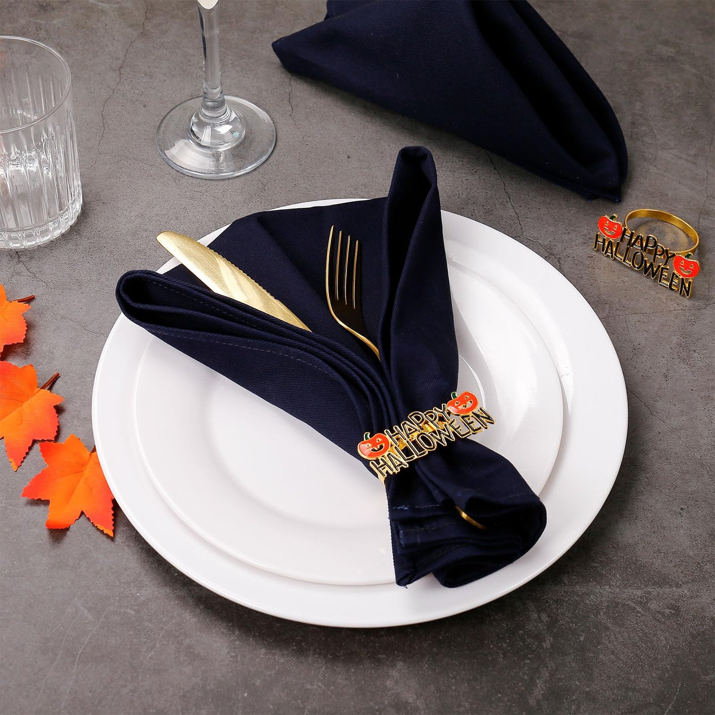 Getfitsoo Halloween Napkin Rings Set of 6, Happy Words With Orange Pumpkin Holders, Gold Metal Buckles for Party Decorations, Home Kitchen Dinner Table Setting