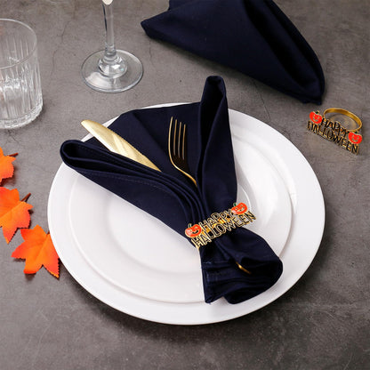 Getfitsoo Halloween Napkin Rings Set of 6, Happy Words With Orange Pumpkin Holders, Gold Metal Buckles for Party Decorations, Home Kitchen Dinner Table Setting