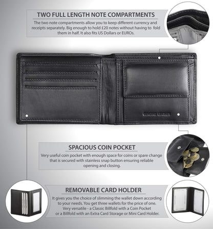 KORUMA RFID Wallet for Men, Black Leather Mens Wallets for up to 11 Cards, Coin Pocket, ID Window, Removable Credit Card Holder, Gifts for Him