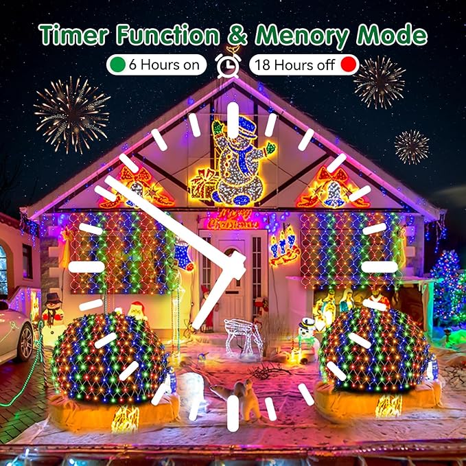 Hezbjiti Pack of 2 Battery Operated Christmas Lights Outdoor Total 200 LED 5FT x 3.3FT Waterproof Timed Memory Net Mesh Lights for Xmas Trees Bushes Garden Yard Lawn Patio Christmas Decor (Multicolor)
