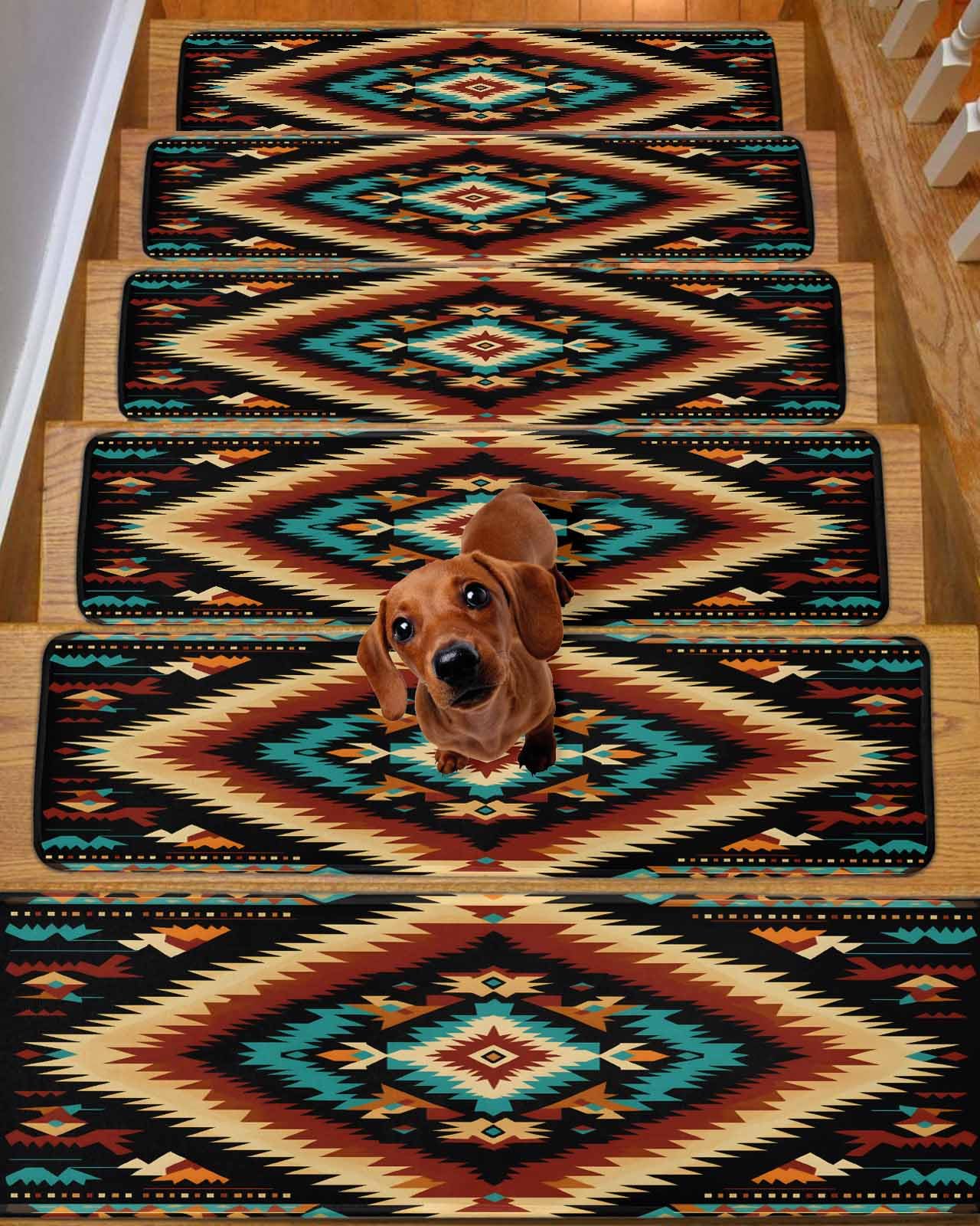 Colorful Boho Aztec Stair Treads for Wooden Steps Indoor Runner Rug Carpet, Rustic Southwestern American Art 15 Pieces Peel and Stick Staircase Step Treads Covers Washable Throw Door Mats, 30"x8"