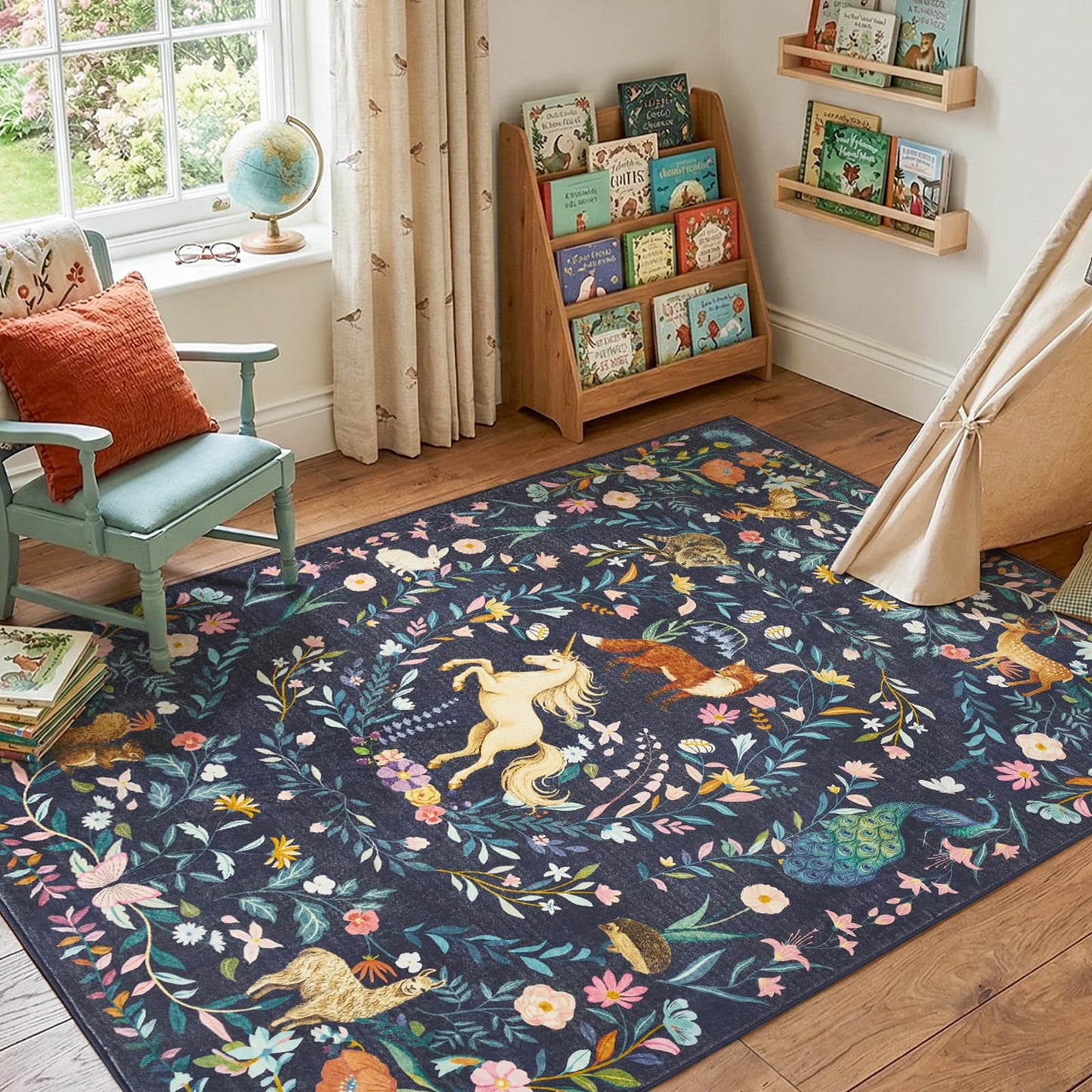 jinchan Moonrise Area Rug 5x7 Kids Room Rug Washable Unicorn Rug Soft Non-Slip Low Pile Fairytale Woodland Animals Floral Carpet for Classroom Nursery Playroom Bedroom Living Room Midnight Navy Blue