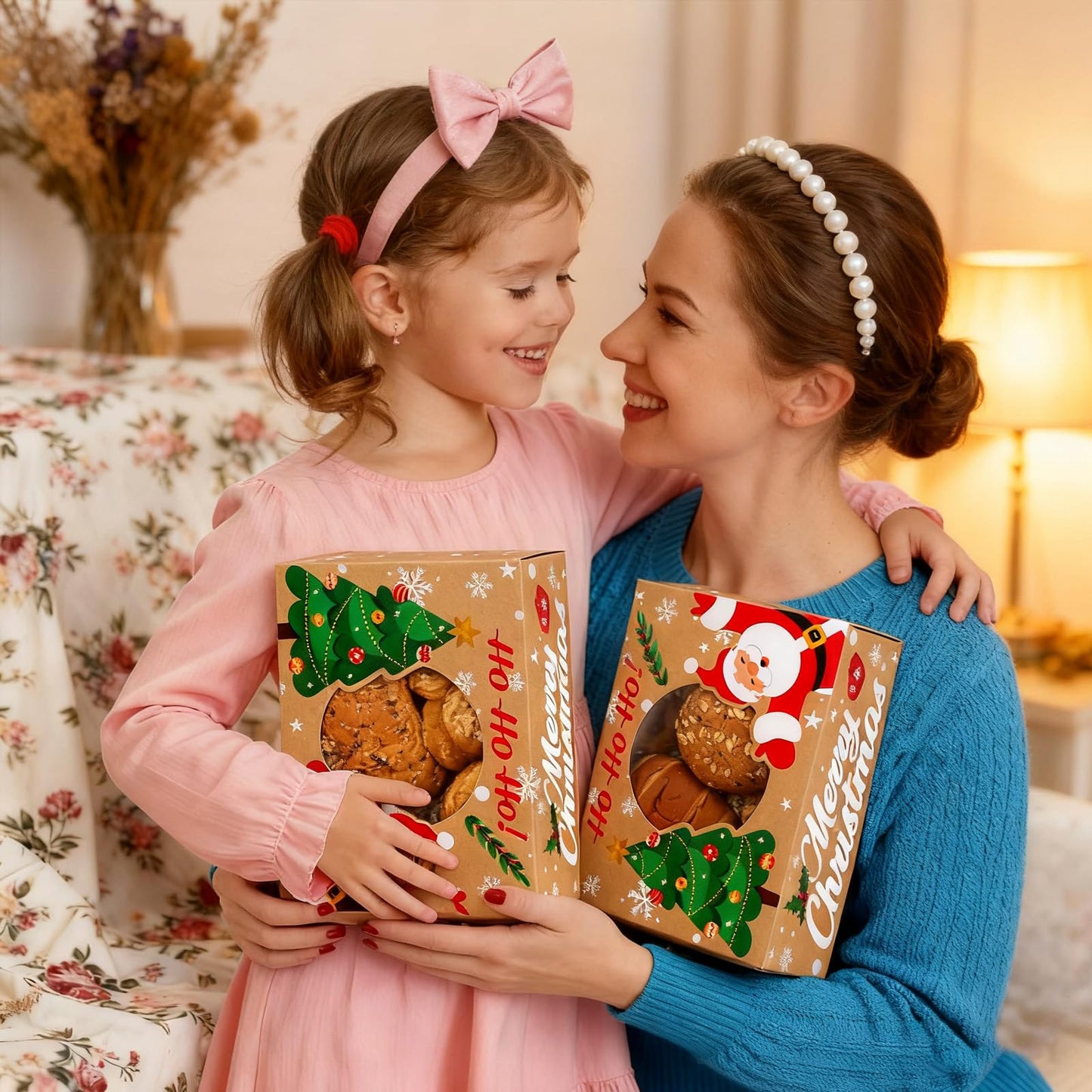 CHOUNYEE 24 Pack Christmas Cookie Boxes - 8.25"x6"x2.75" Brown Kraft Bakery Box with Window for Holiday Treats, Gift Exchange Box for Baked Goods, Cookie Tins with Lids for Gift Giving