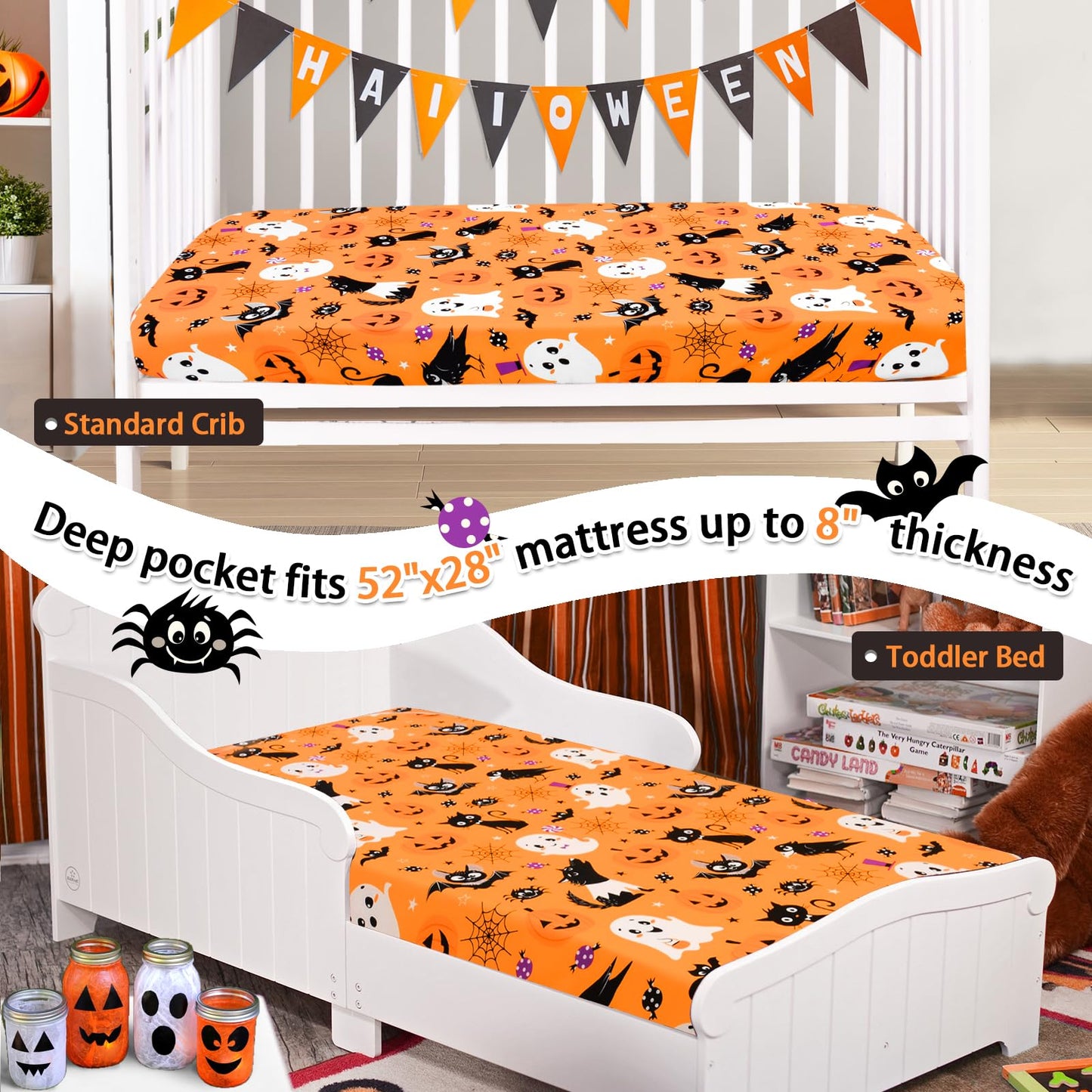 JISEN Halloween Crib Sheet Bats Fitted Crib Sheet for Boys Girls Crib Mattress Cover Baby Sheet for Standard Crib and Toddler Mattress Soft Breathable Baby Bed Sheet for Neutral 52x28 Inch Ghosts