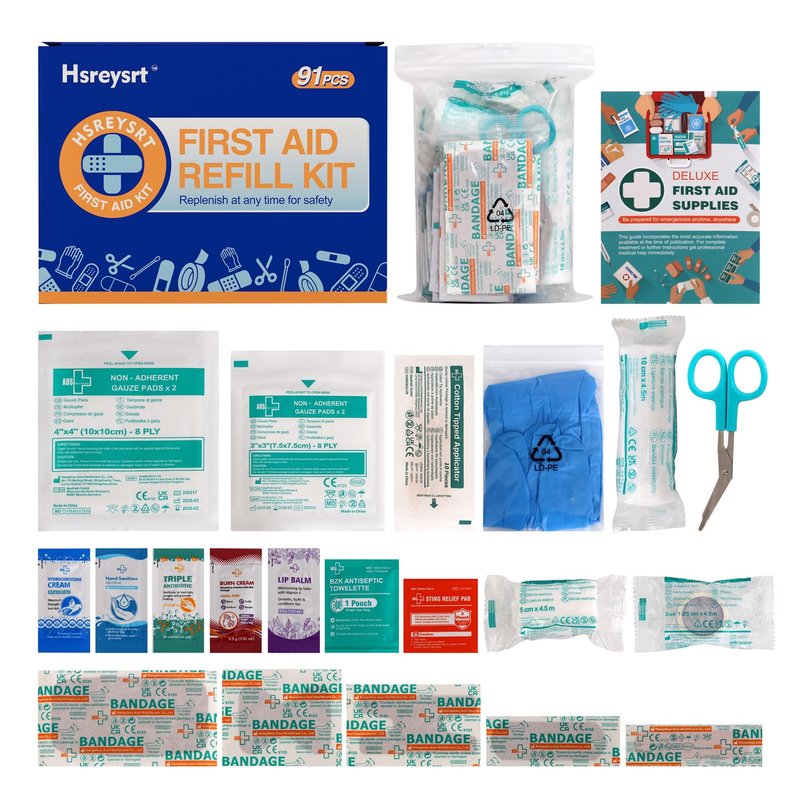 Hsreysrt-First Aid Refill Kit for Home, Car & Travel, Wound Care Supplies with Scissors, Tweezers, Assorted Bandages & Adhesive Bandages