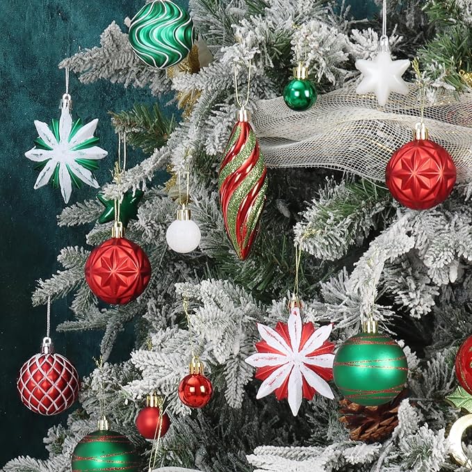 82Pcs Red and Green Christmas Tree Ornaments Set,Shatterproof Christmas Decorations for Tree Assorted Plastic Craft Baubles Snowflake Ball Ornaments for Holiday Party Decor (Red&Green&White)