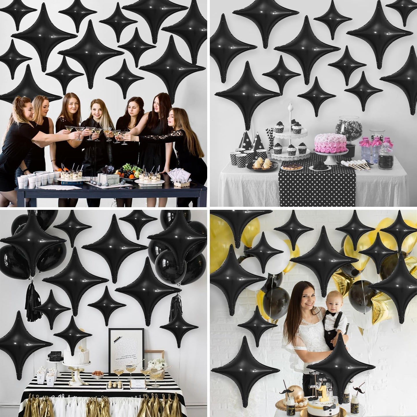 Black Star Balloons,12Pcs Four Angle Star Foil Balloons,26Inch and 10Inch Black Quadrangle Helium Polyester Film Balloon for Birthday Anniversary Baby Shower Wedding Party Decorations