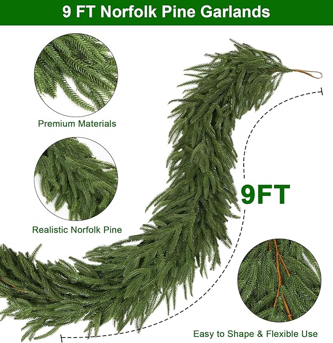 9FT Christmas Norfolk Pine Garland, Realistic Greenery Artificial Garland for Indoor Outdoor Door Porch Fireplace Wall Staircase Holiday Christmas Decor