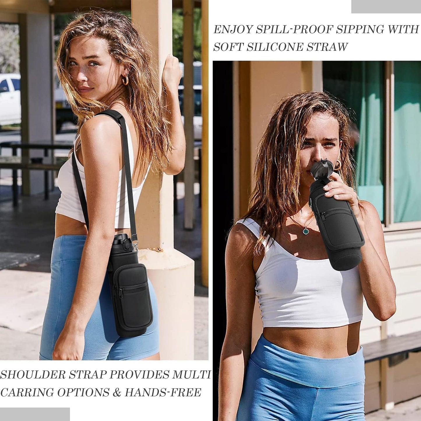 Fimibuke 32 oz Water Bottle with Sleeve - BPA Free Leakproof Sport Large 1L Plastic Motivational Water Bottle with Straw & Strap & Insulated Neoprene Holder Carrier Bag for Women Men(A1.Black)