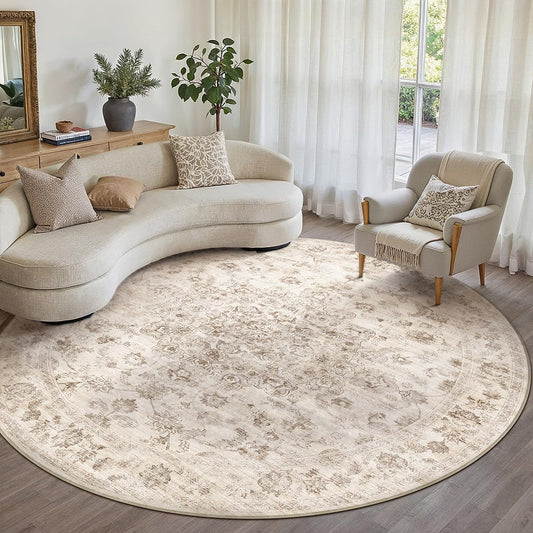 WondRg 8x8 Washable Neutral Round Rug Beige Vintage Living Room Bedroom Circle Rug Non-Slip Soft Low Pile Farmhouse Indoor Carpet for Kitchen Dining Room Office