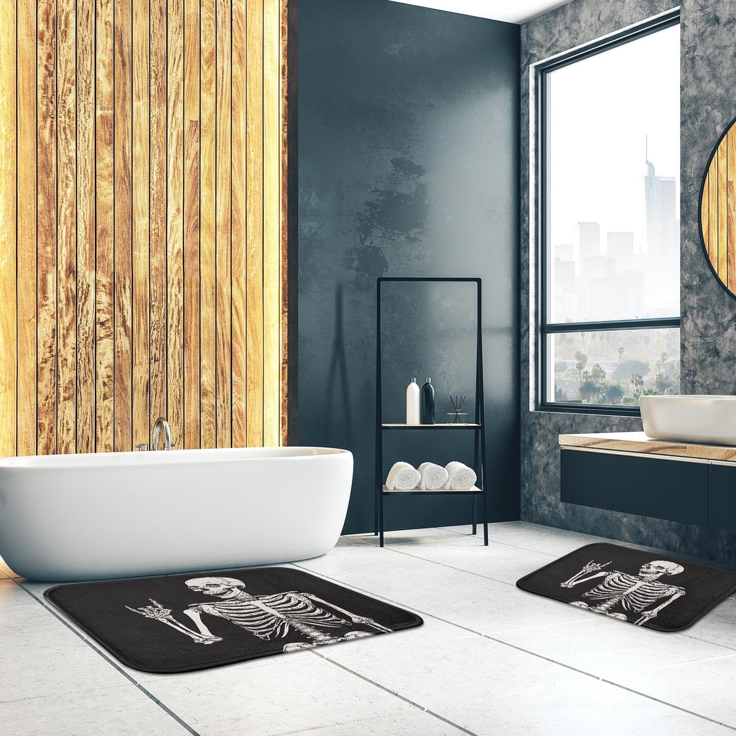 Britimes Bath Mat for Bathroom, Rock and Roll Skeleton Skull Washable Cover Floor Rug Carpets Floor Mat Bathroom Decorations 16x24 Inches for Kitchen Bedroom Indoor