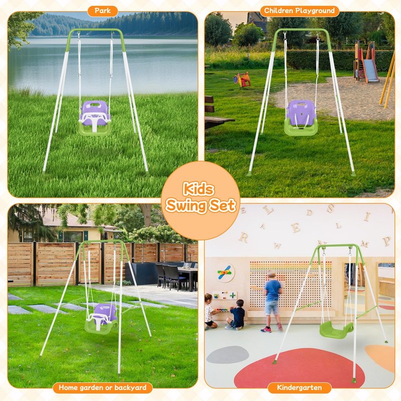 3-in-1 Toddler Swing, Foldable Indoor & Outdoor Baby Swing, Multifunctional Swings for Children 6 Months and Older, Easy to Assemble and Store for Backyard Play (Purple)