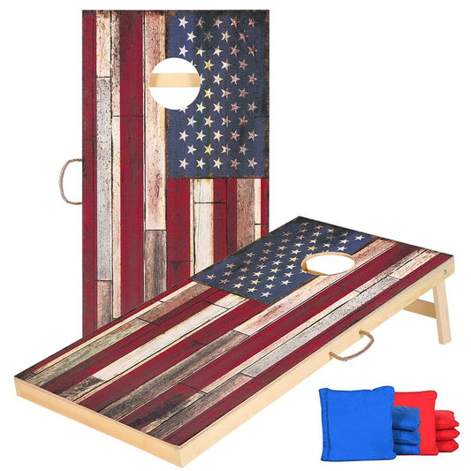 Sportdo Solid Wood Cornhole Set Vintage American Flag Cornhole Outdoor Game, Two 4' x 2' Regulation Size Cornhole Boards with 8 Bean Bags, Great Fun Outdoor and Indoor Toss Game for Competitions