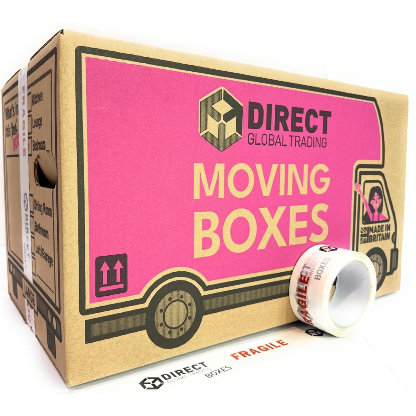 10 Strong Large Cardboard Storage Packing Moving House Boxes with Fragile Tape 52cm x 30cm x 30cm 47 Litres Carry Handles and Room List