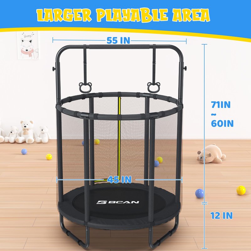 BCAN 55" Trampoline for Kids with Thickened Enclosure Net, Toddler Trampoline Indoor/Outdoor with Adjustable Gymnastics Bars & Basketball Hoop,Gifts for Boys & Girls Ages 1 to 8