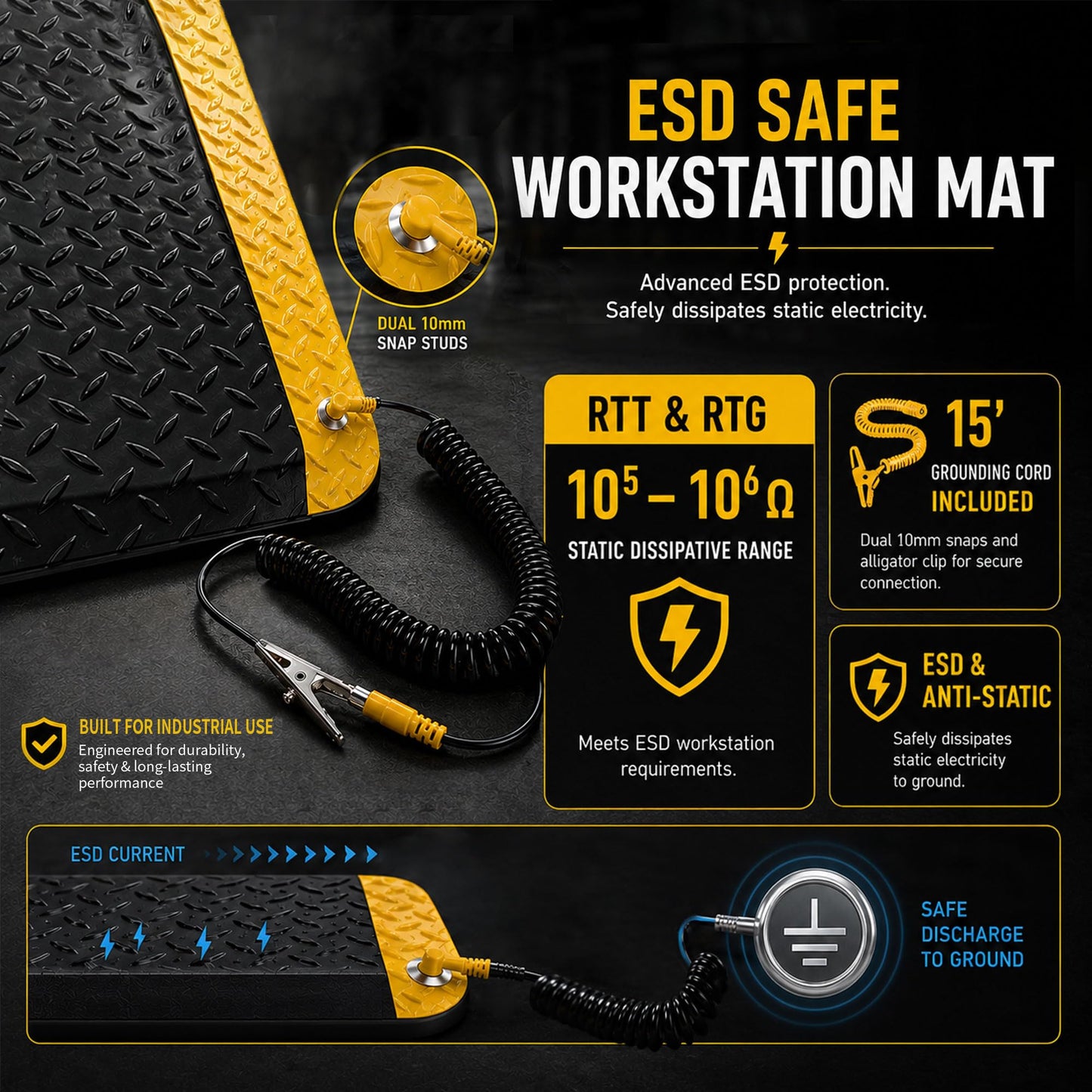 3' x 12' ESD Anti-Fatigue Conductive Mat, Durable Heavy Duty Diamond Plate, Soft Sponge Ergonomic Mat, Non Slip Waterproof Floor Mats for Commercial&Industrial Work Thick 3/4” Black with Yellow Border