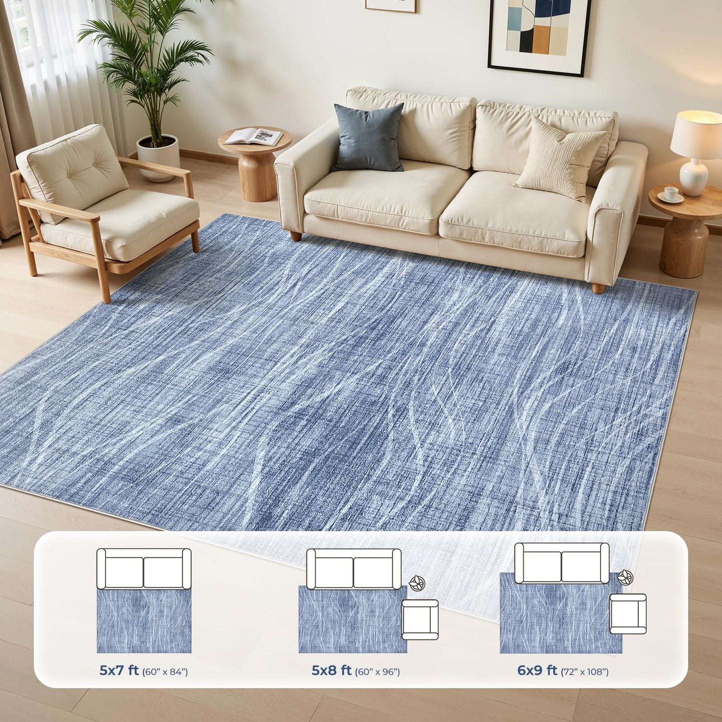 WITSHOCK 5x7 Area Rug for Living Room, Washable Rugs for Bedroom Kitchen Nursery Dining Room Office, Modern Wave Striped Rugs, Soft Thin Carpet Non Slip Low Pile for Home Decor, Blue