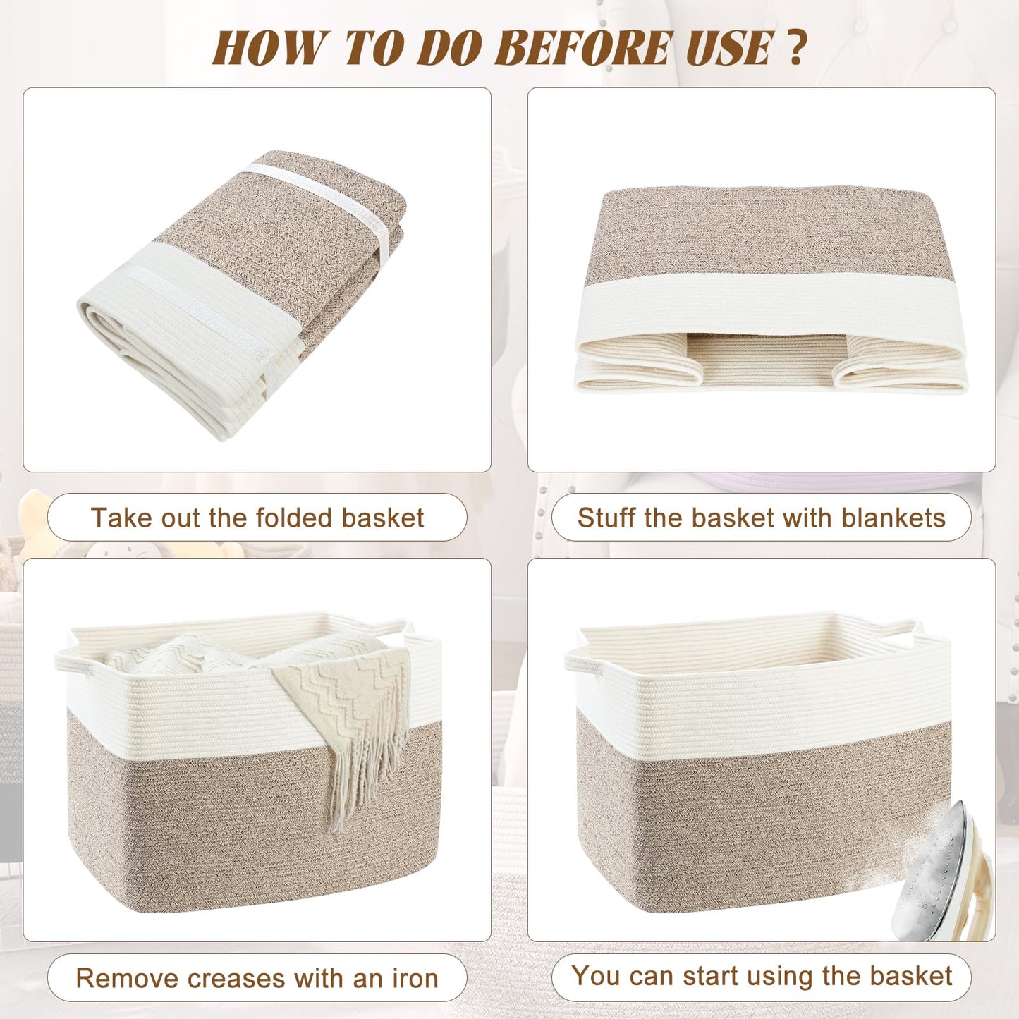 Degeyoyo Large Blanket Basket, 60L Storage Baskets for Organizing, Woven Laundry Basket for Blankets, Cotton rope Blanket Storage for Living Room, Nursery Room, 19.7" L x 15.74" W x 11.8" H, Brown