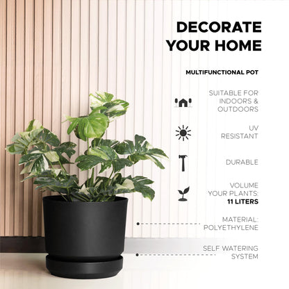 Elly Décor 12 inch Plastic Cylinder Planter Pot with Self-Watering Saucer and Drainage Hole,Lightweight & Extremely Durable, 12"x 12", Black