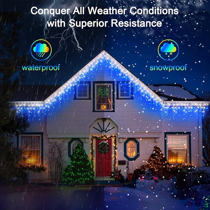1296 LED 131FT Christmas Lights 288 Drops, Outdoor Hanging light with 8 Modes Timer, Plug in Curtain String Light Outdoor Waterproof for House Tree Holiday Wedding Party Outside Decor (Blue & White)