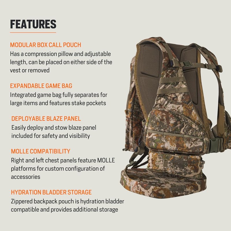 First Lite Treeline Turkey Vest - Tactical Hunting Vest with Game Pouch, Adjustable Seat & MOLLE System | Camo Design