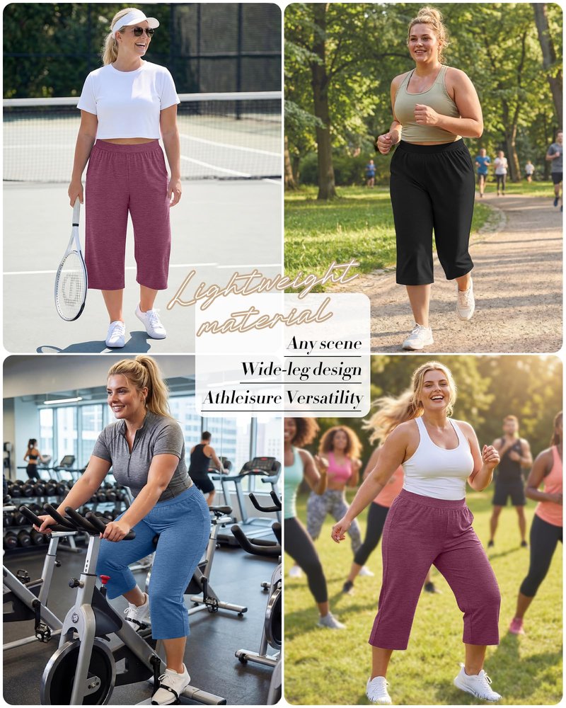 Huukeay 3 Pack Women's Plus Size Capri Pants Loose Fit Wide Leg Capris Sweatpants Summer High Waisted Yoga Pants with Pockets(Black, Blue, Wine Red,4X-Large)
