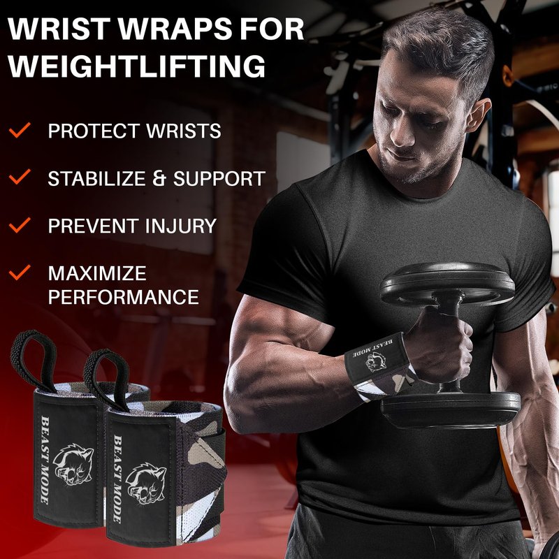 TECEUM Weightlifting Wrist Wraps with Thumb Loop – Black Camo – Arms on Fire – 12 inch – Heavy-Duty Workout Wrist Support & Protection – Ideal for Powerlifting, Strength Training, Bodybuilding