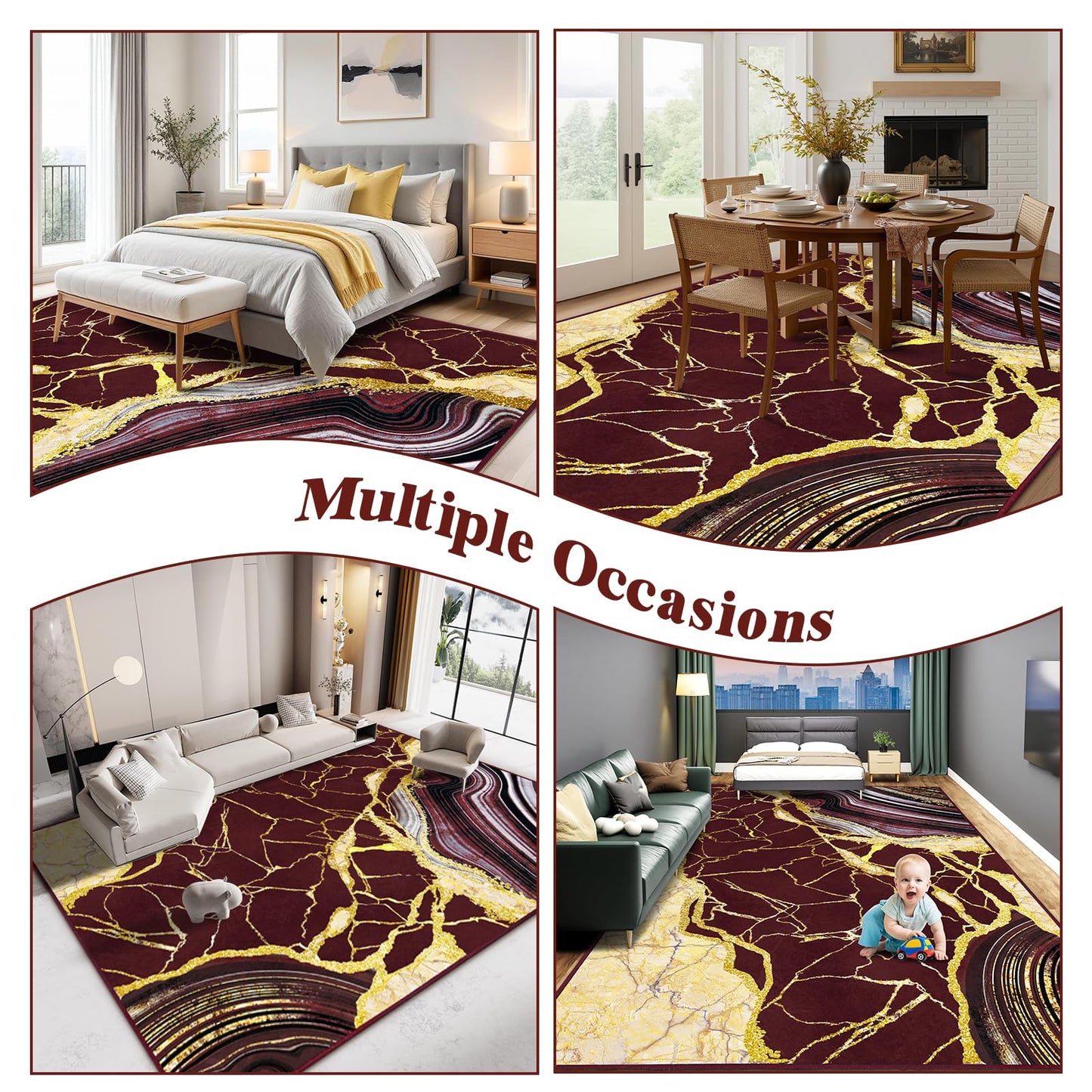 ASPMIZ Marble 9x12 Area Rug Red and Gold Washable Rugs for Living Room, Soft Faux Wool Bedroom Rugs Non Slip Modern Floor Carpet Low Profile Extra Large Throw Rug for Dining Room Home Office Decor