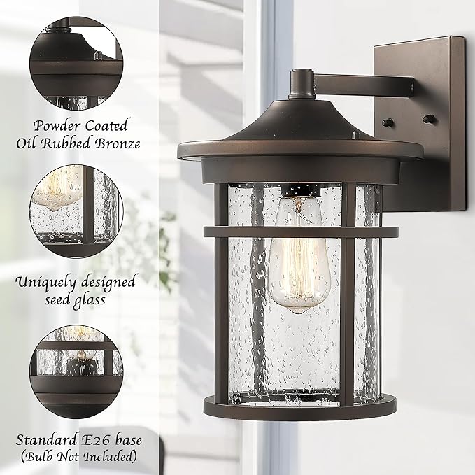 Bestshared Outdoor Wall Mount Light Fixture, Large Exterior Porch Wall Lantern, Outdoor Wall Light with Seeded Glass Shade (Oil Rubbed Bronze, 14" Height)