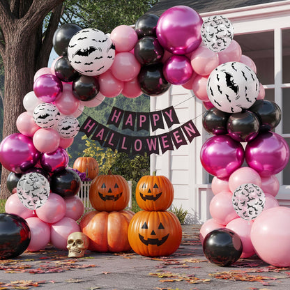 Pink Halloween Balloons Set, 50PCS 12 Inch Bat Confetti Balloon Pastel Metallic Pink and Black Party Balloon Bat Printed Helium for Girls Adults BOO Halloween Birthday Party Decorations Indoor Outdoor