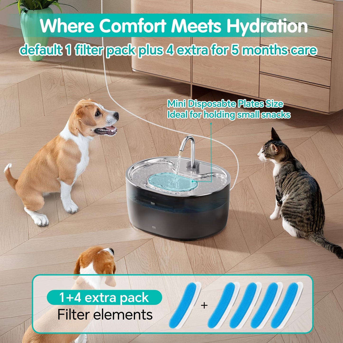Furrcali Cat Water Fountain 108oz/3.2L, Stainless Steel Lid & Transparent PC Tank, BPA-Free, Pet Water Dispenser for Cats & Dogs, Automatic Cat Fountain with 5 Replacement Filters, Ultra Quiet Pump