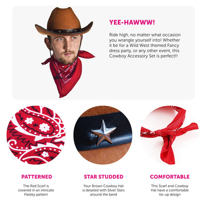 Adults Cowboy Accessory Set - Pack of 1 - Brown Star Studded Cowboy Hat and Red Paisley Bandana - Wild West Western Sheriff Fancy Dress Costume Accessory Set