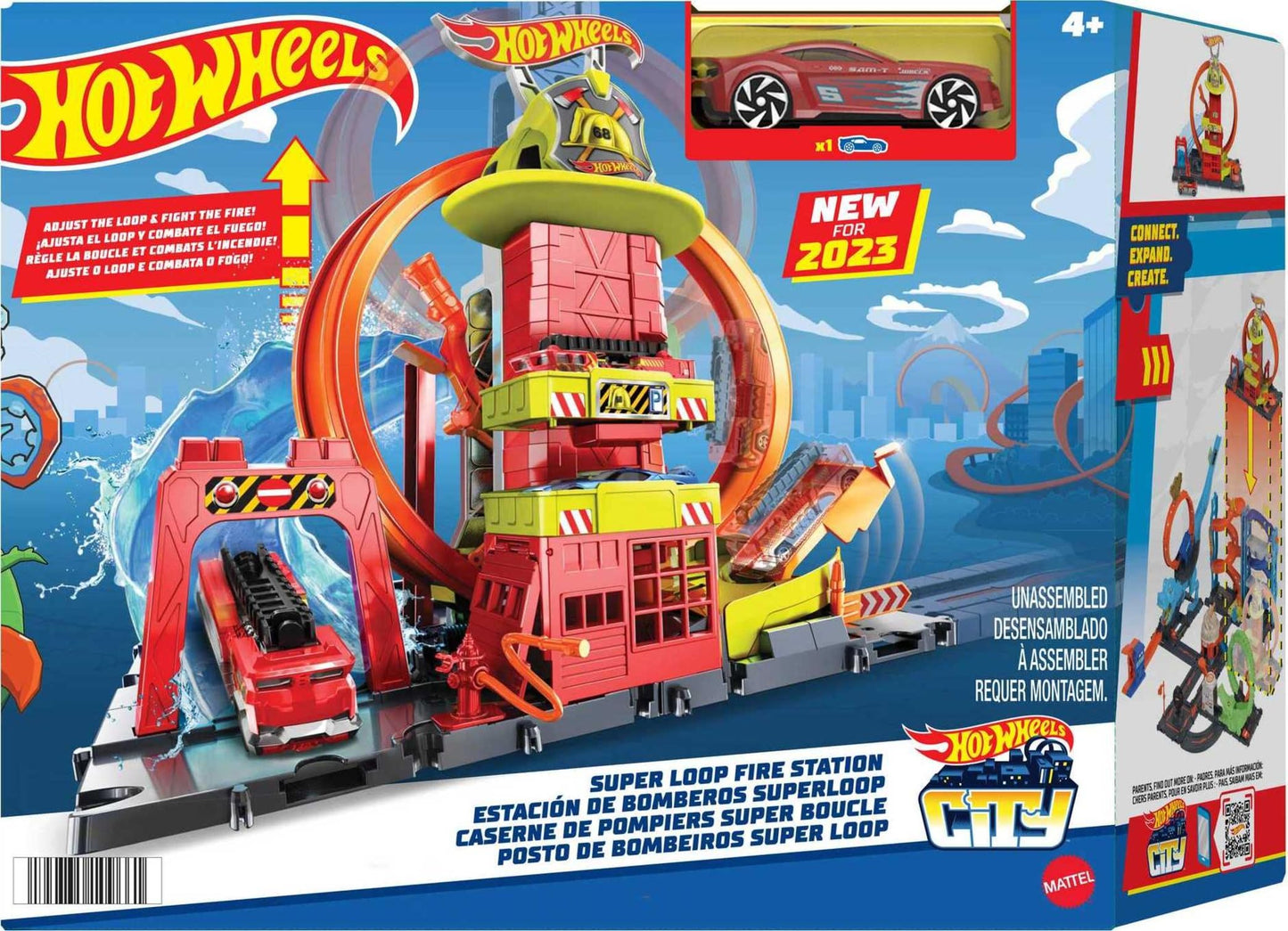 Hot Wheels City with 1 Toy Car, Kid-Powered Elevator, Water-Like Ramp, Track-Play Features, Connects to Other Sets, Fire Station with Super Loop, HKX41