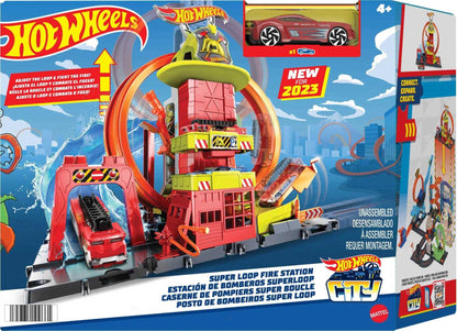 Hot Wheels City with 1 Toy Car, Kid-Powered Elevator, Water-Like Ramp, Track-Play Features, Connects to Other Sets, Fire Station with Super Loop, HKX41