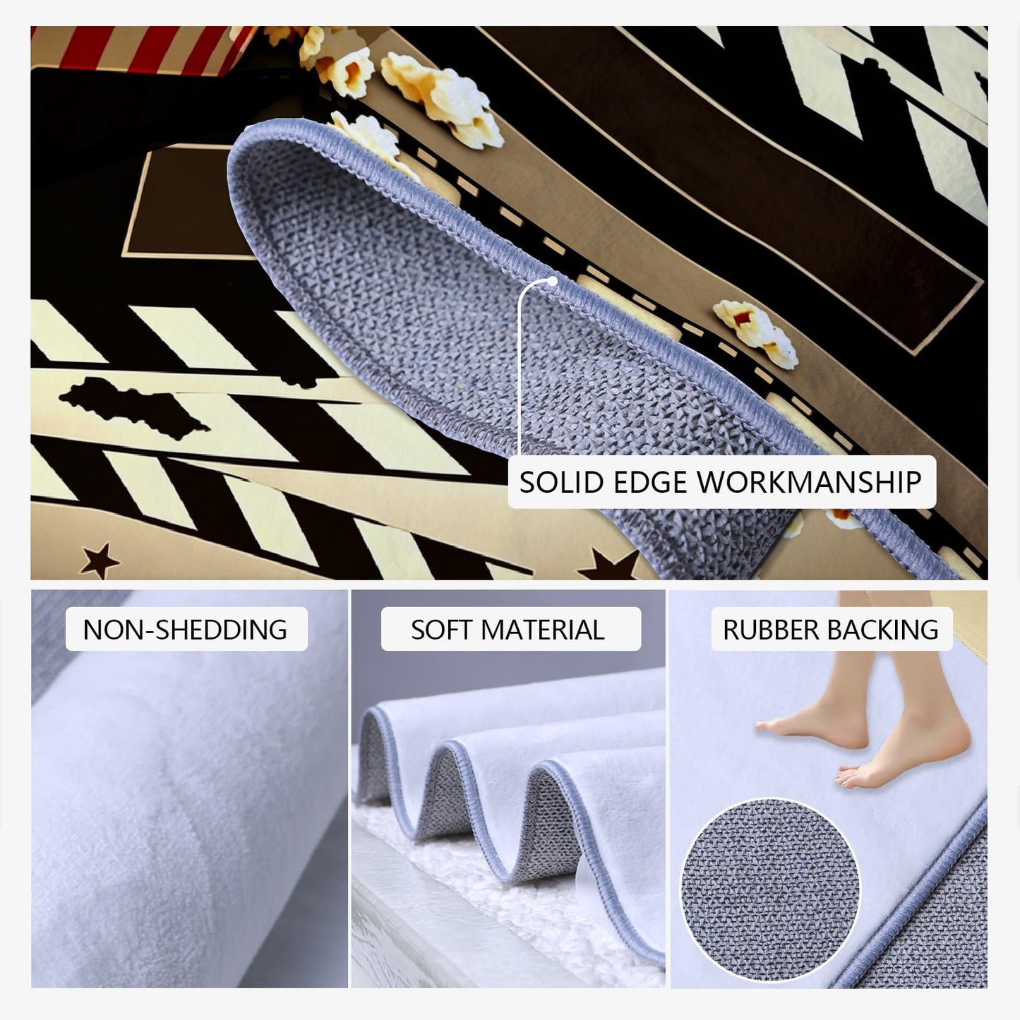 Egljss Movie Theater Rugs 4x10 - Popcorn Rugs for Kitchen, Cinema Clapboard Runner Rug for Hallway, Filmstrip Movie Area Rug Non Slip Washable, Film Popcorn Carpets for Living Room - Theater Decor
