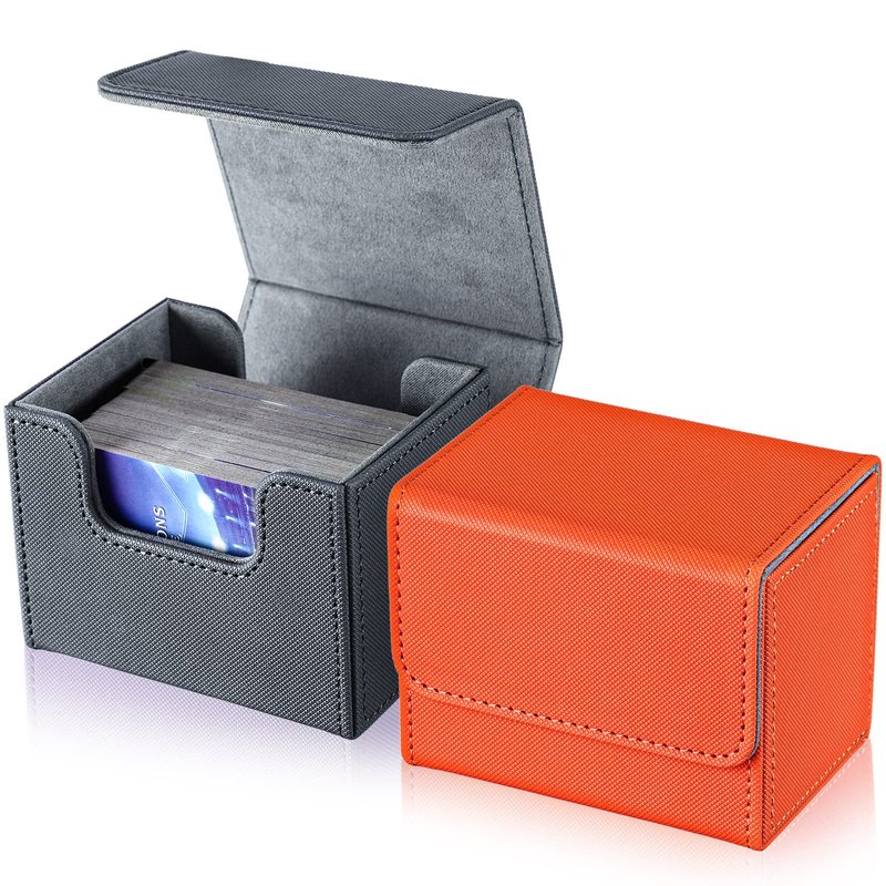 Weewooday 2 Boxes Leather Deck Card Boxes Large Size Fit 100 Plus Sleeved Cards Deck Game for Collectible Playing Compatible with Mtg Tcg(Horizontal,Orange, Gray)