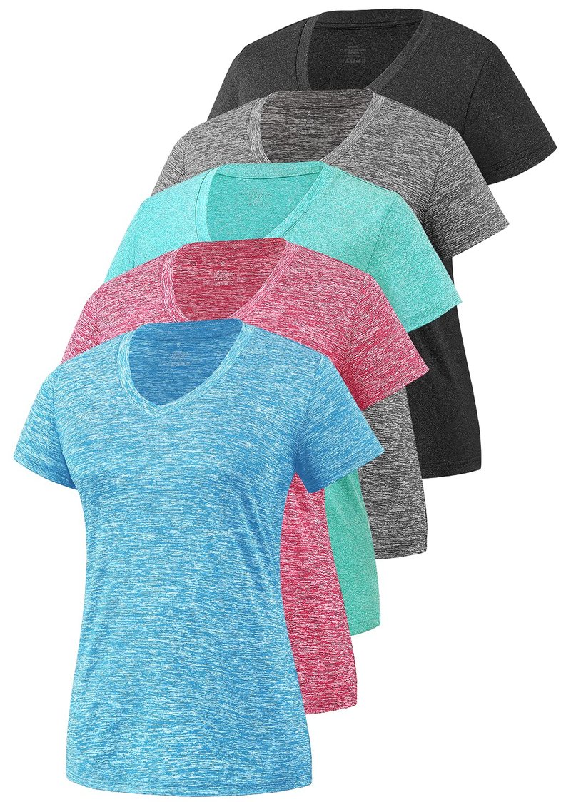 Cosy Pyro Women's Short Sleeve V-Neck Athletic T-Shirt Exercise Yoga Tees Dry Fit Gym Shirts Moisture Wicking Workout Tops Pack of 5 Black/Gray/Azure/Rose/Blue XL