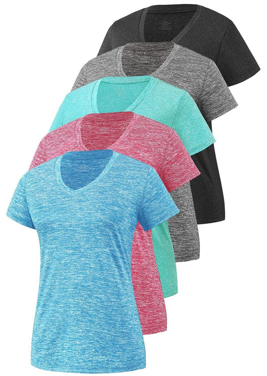 Cosy Pyro Women's Short Sleeve V-Neck Athletic T-Shirt Exercise Yoga Tees Dry Fit Gym Shirts Moisture Wicking Workout Tops Pack of 5 Black/Gray/Azure/Rose/Blue L