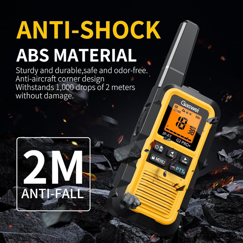 G2pro+ Waterproof Walkie Talkies - Long Range Heavy Duty Two-Way Radios | Rechargeable, FM Radio, SOS, NOAA Weather (2 Pack - Yellow)