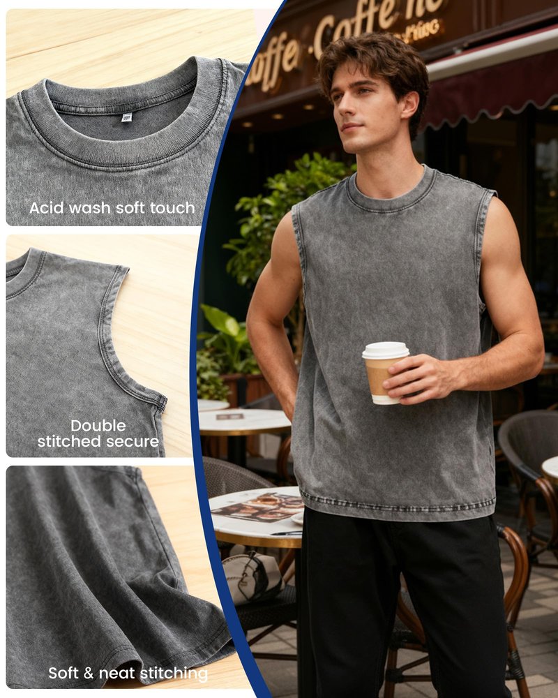 TinyChoice Men's 3-Pack Sleeveless Tank Tops Gym Muscle Acid Wash Workout Tees Cut Off Loose-Fit Athletic T-Shirts, Black Coffee Grey, S