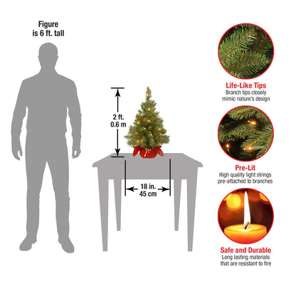 National Tree Company 24 in Pre-Lit Majestic Fir Mini Artificial Christmas Tree, 35 Clear Lights, 71 Tips, Red Cloth Base, Green